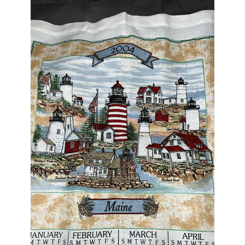 2-Vintage Kay Dee Designs 2003+2004 Linen Calendar Towel‎ Maine Lighthouse Beach